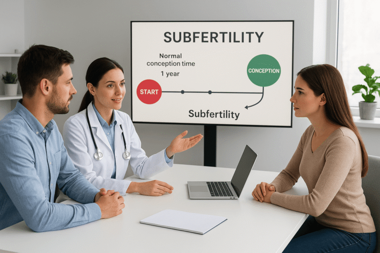 A fertility specialist discussing causes of subfertility and treatment options with a couple in a modern clinic.