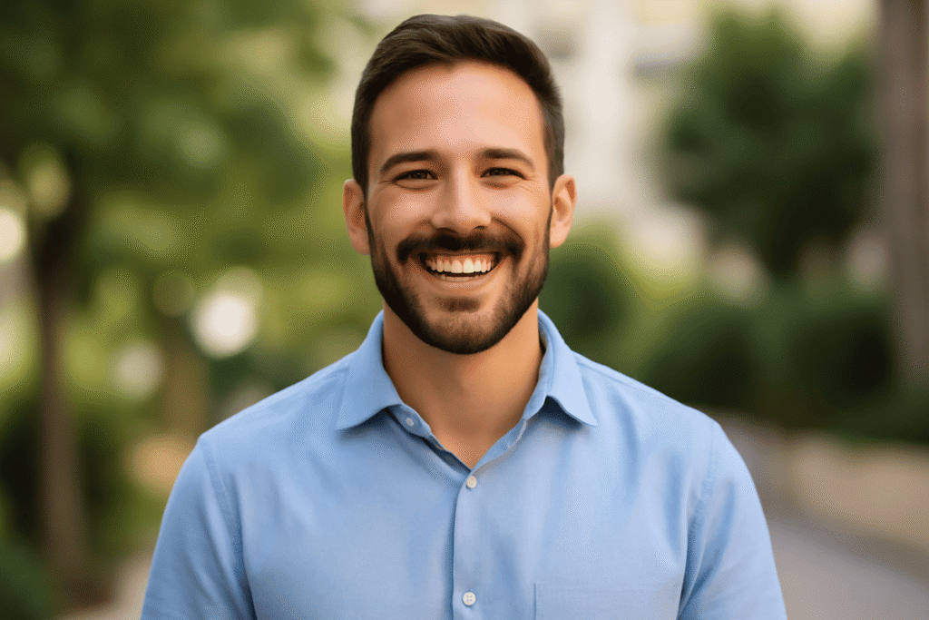A happy, confident man after seeking treatment for painful ejaculation, representing successful management and relief.