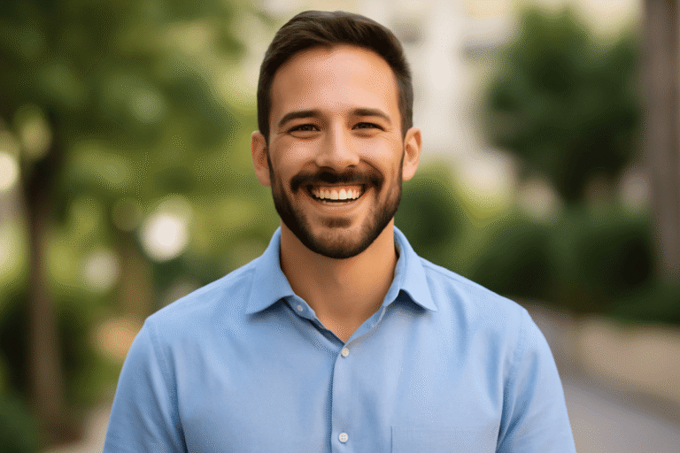 A happy, confident man after seeking treatment for painful ejaculation, representing successful management and relief.