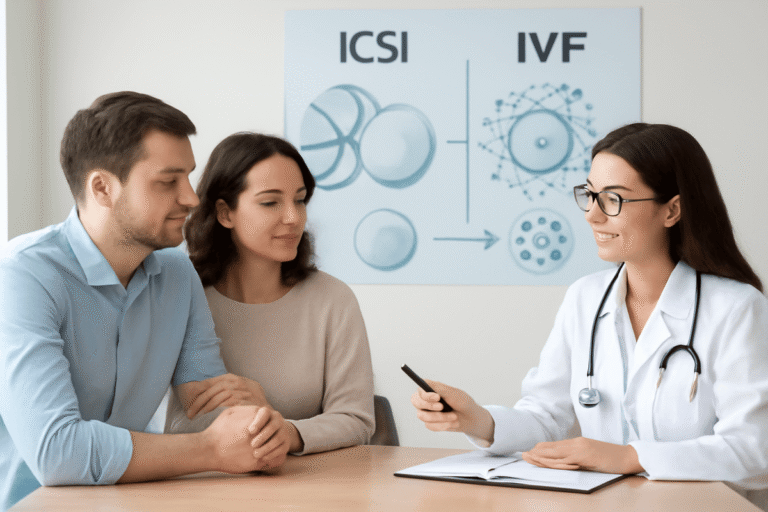 A hopeful couple consulting with a fertility doctor about their ICSI vs IVF options, with a diagram of embryos in the background.