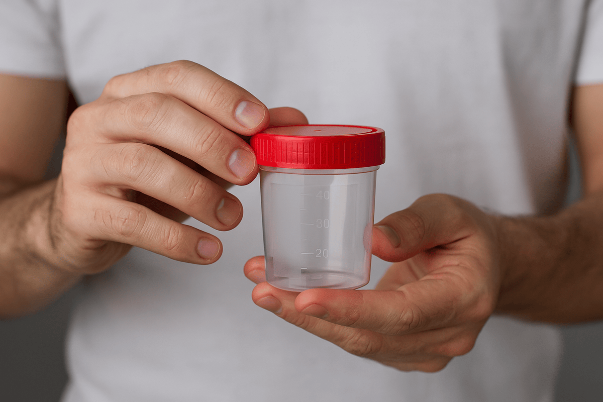 Close-up of a man's hands holding a sample cup for a medical test.
