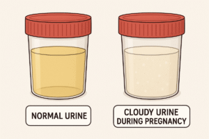 Comparison of normal clear urine and cloudy urine during pregnancy.