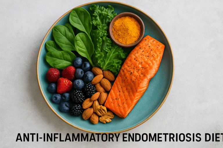 Colorful plate with salmon, leafy greens, berries, nuts and turmeric representing an anti-inflammatory endometriosis diet