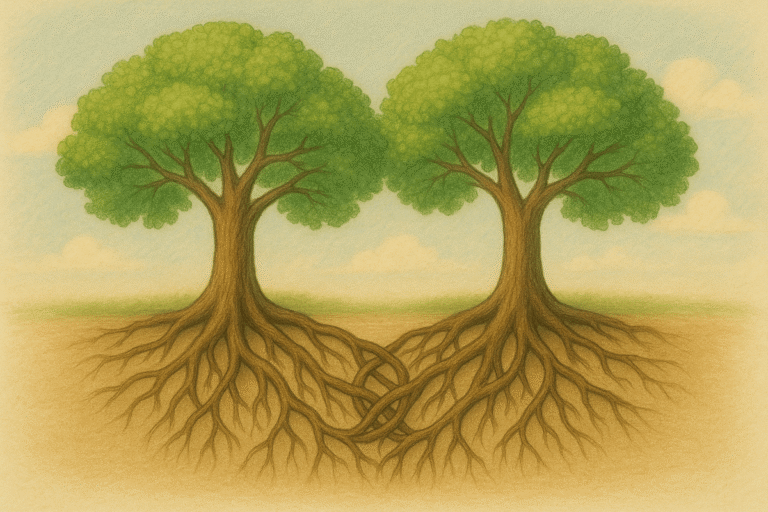 Illustration of two trees with intertwined roots symbolizing deep emotional connection and mutual growth - representing symbiosexual relationships