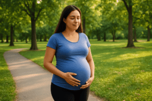 Expectant mother walking in a park, a gentle and effective natural way to induce labor at 39 weeks."