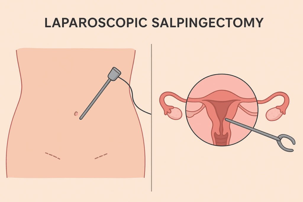 Step-by-step illustration of a laparoscopic salpingectomy surgery, showing the small abdominal incisions and use of a camera for tube removal.