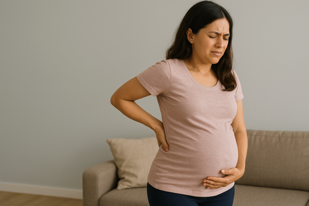 Pregnant woman experiencing sciatica during pregnancy with lower back pain